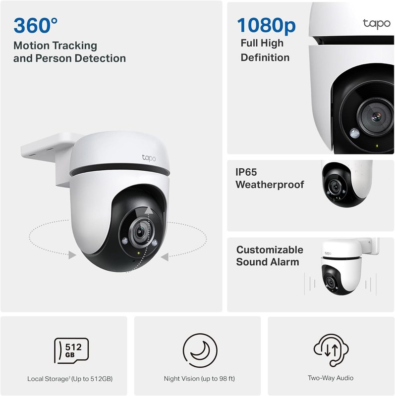 Tp-Link Tapo 1080P Outdoor Wired Pan/Tilt Security Wi-Fi Camera, 360° View, Moti gallery