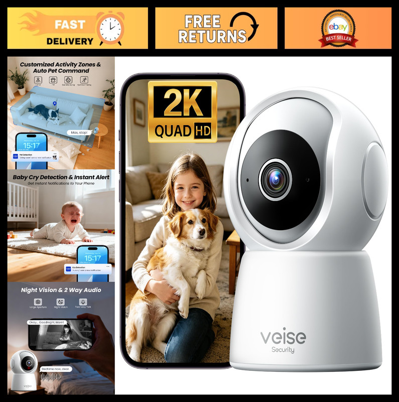 2K Indoor Security Camera – 360° WiFi Pet & Baby Monitor, AI Motion Detection, N