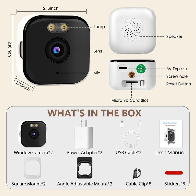 3MP 2K Window Camera, 2.4GHz & 5GHz WiFi Indoor Cameras for 2 Pack, White gallery