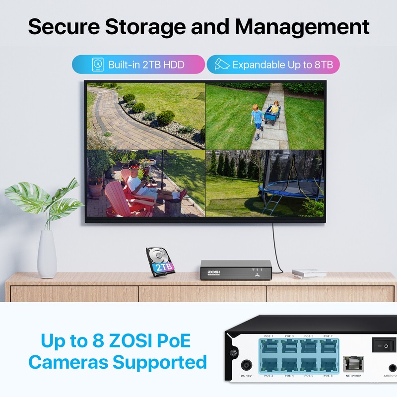 ZOSI H.265+ 4K NVR 5MP PoE Security Starlight Camera System PT AI Face Detect gallery