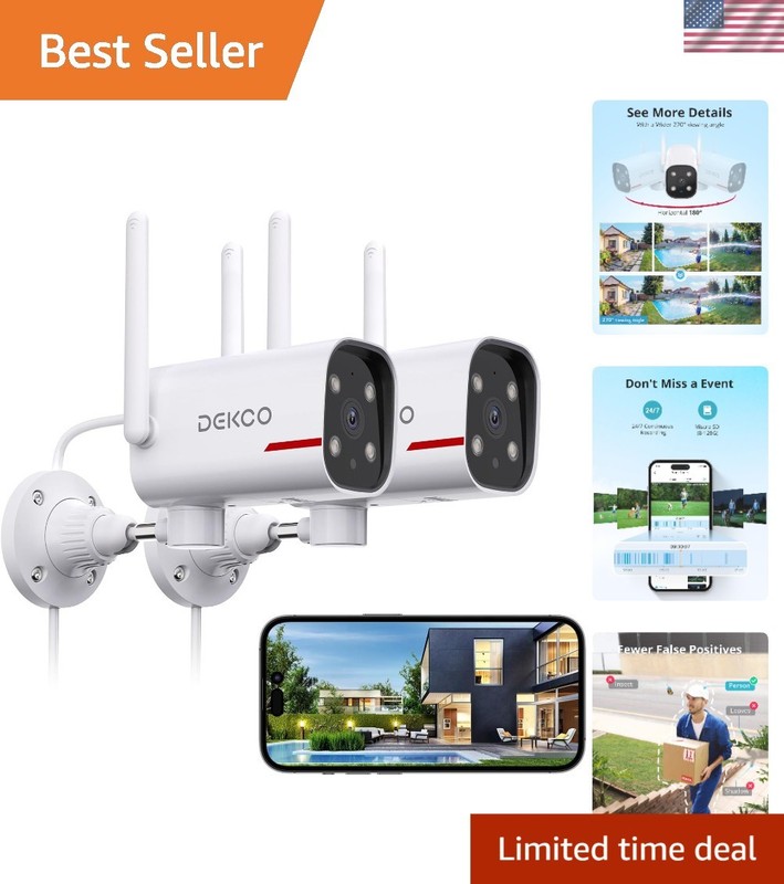 2 Pack Outdoor Security Camera with 2K Color Night Vision, Pan Rotating 180° …