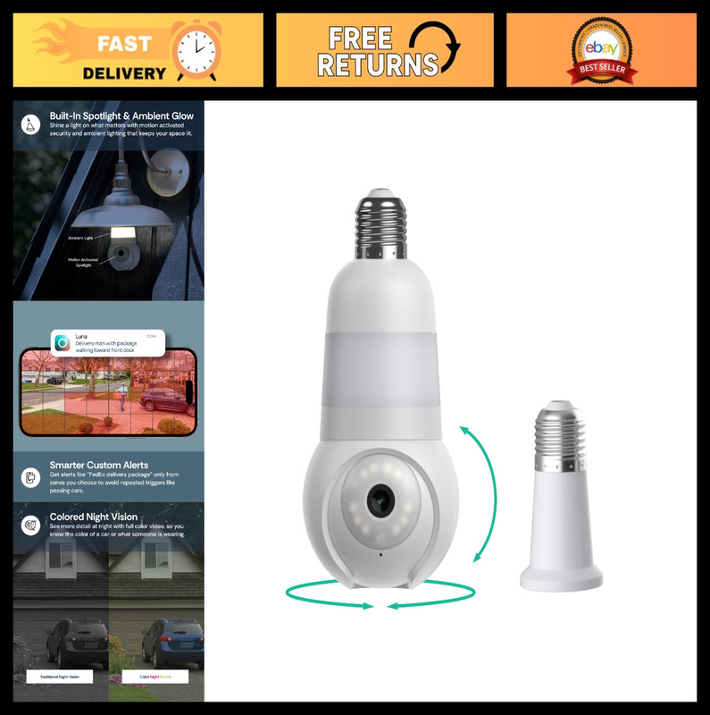 Wireless Security Camera Light Bulb, 360° Pan Tilt, Color Night Vision, Wi-Fi In
