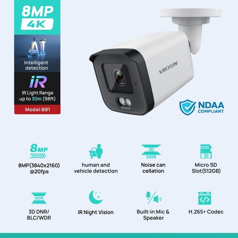 Vikylin 4K 8MP PoE Security IP Camera 2 Way Audio IR Night Vision Outdoor Onvif gallery