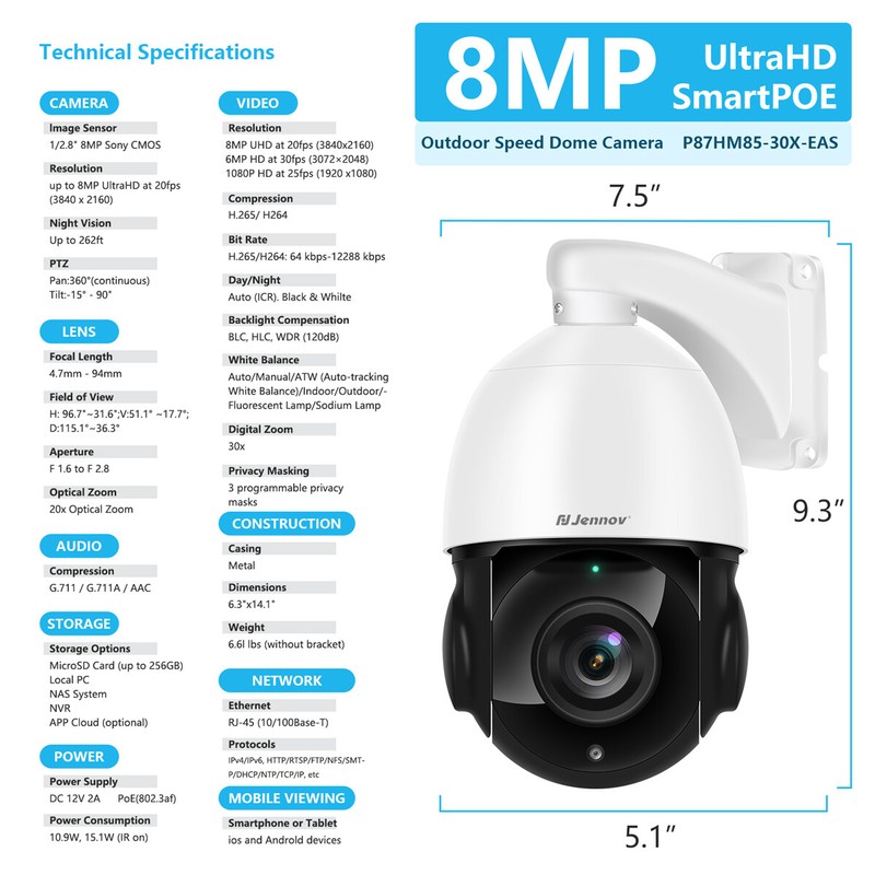 JENNOV 8MP UltraHD POE PTZ Security Camera Outdoor Camera Dome New gallery