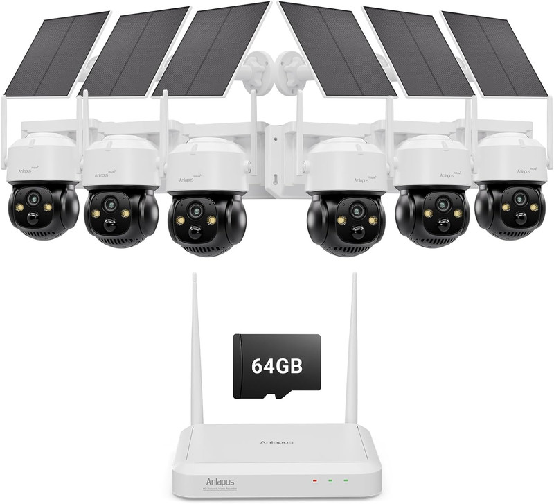 Wireless Solar Security Camera Kit, 2.5K 6-Cam, Color Night Vision, No Fees