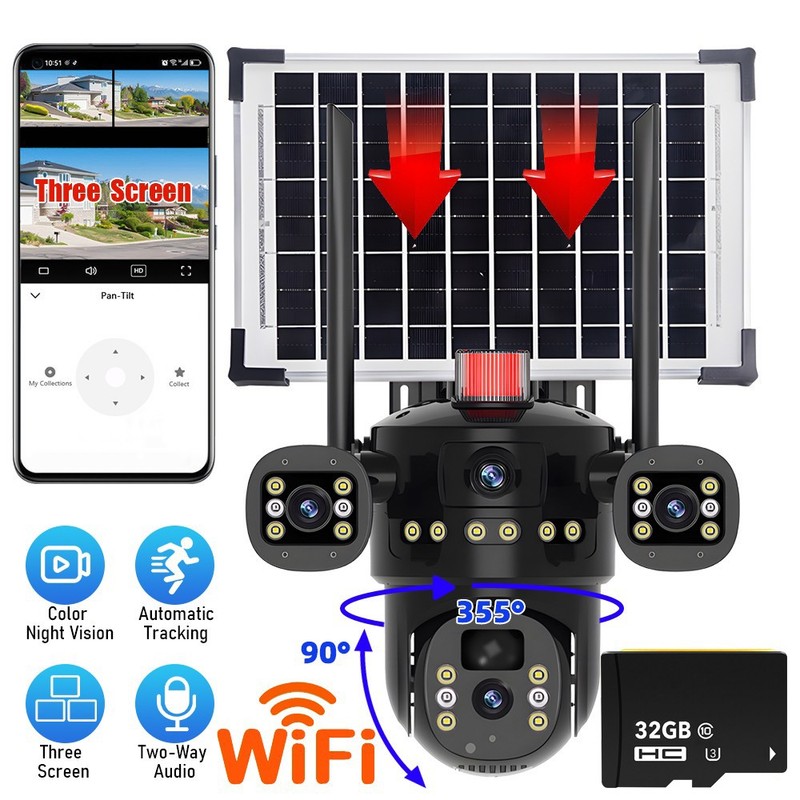 WiFi Dual Lens Solar Security Camera 6MP PTZ CCTV Camera Motion Detection+32GB