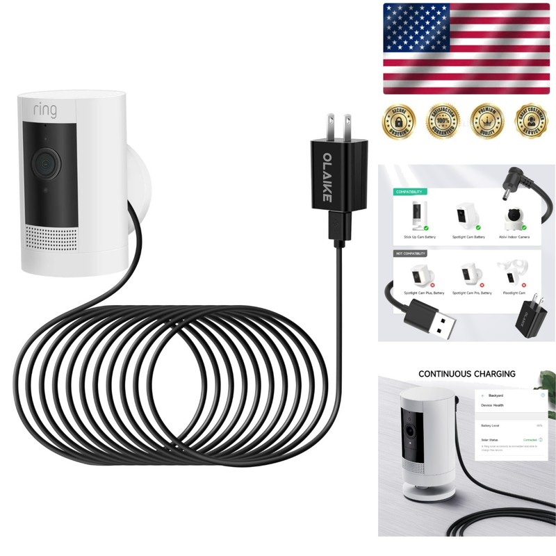 Continuous Power Supply Adapter for Ring Stick Up Cam – 16ft Weatherproof Cable