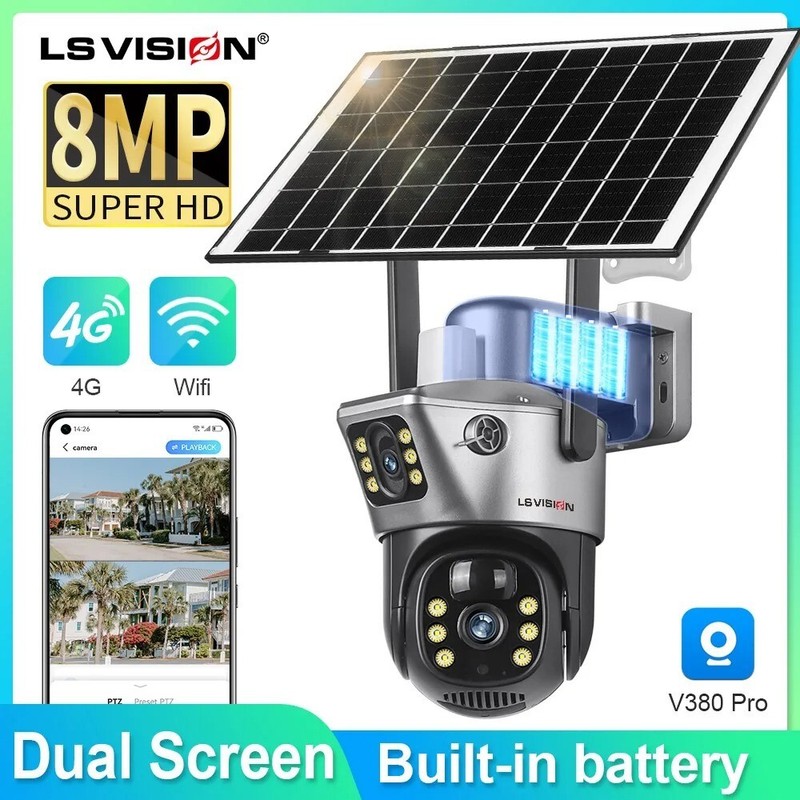Solar Camera 4G Sim Outdoor Dual Lens WiFi 8MP 4K CCTV Built in Battery PIR Cam.