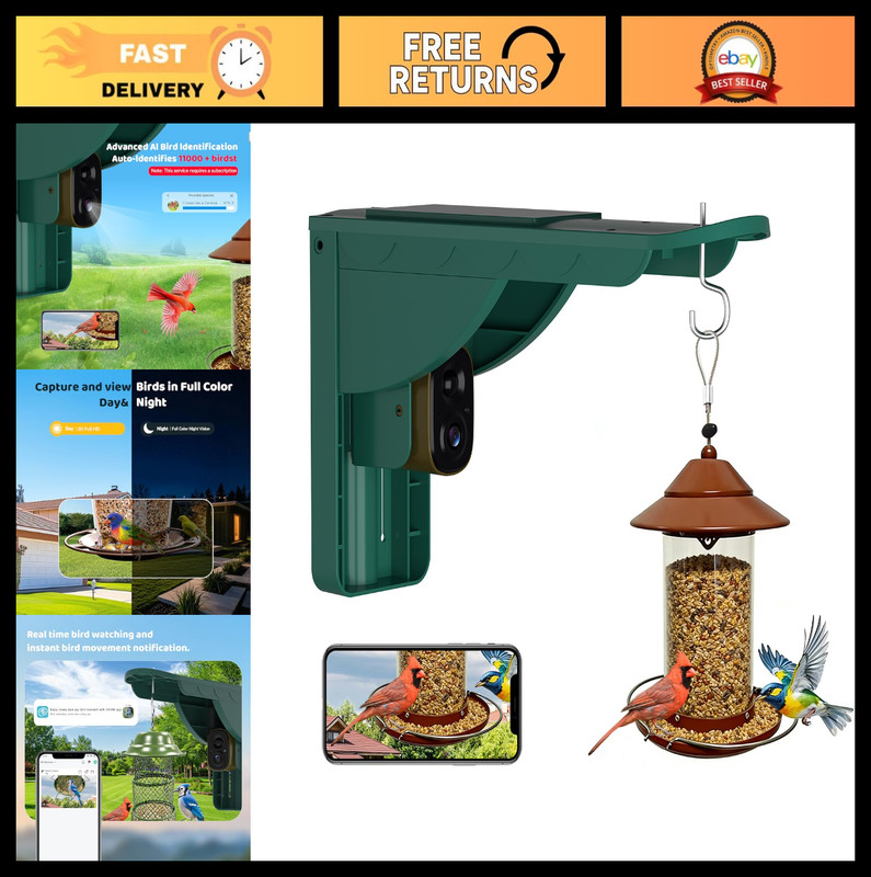 Solar Bird Watching Camera with AI Identification, 2K HD Live View & Alerts - Pe