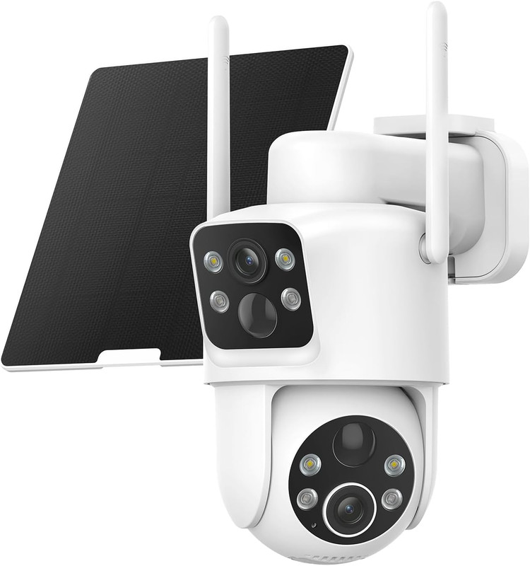 Dual Lens Solar Security Cameras Wireless Outdoor, 2K Full HD Video, 360° View P