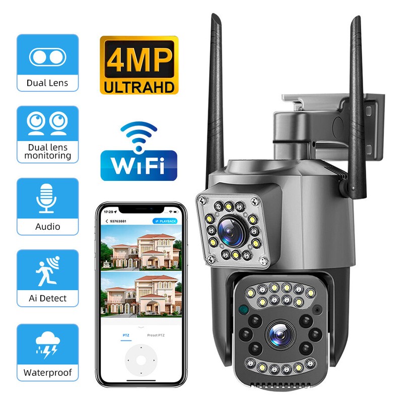 4MP Dual Lens WiFi IP Camera Wireless Outdoor CCTV PTZ Home Security IR Camera