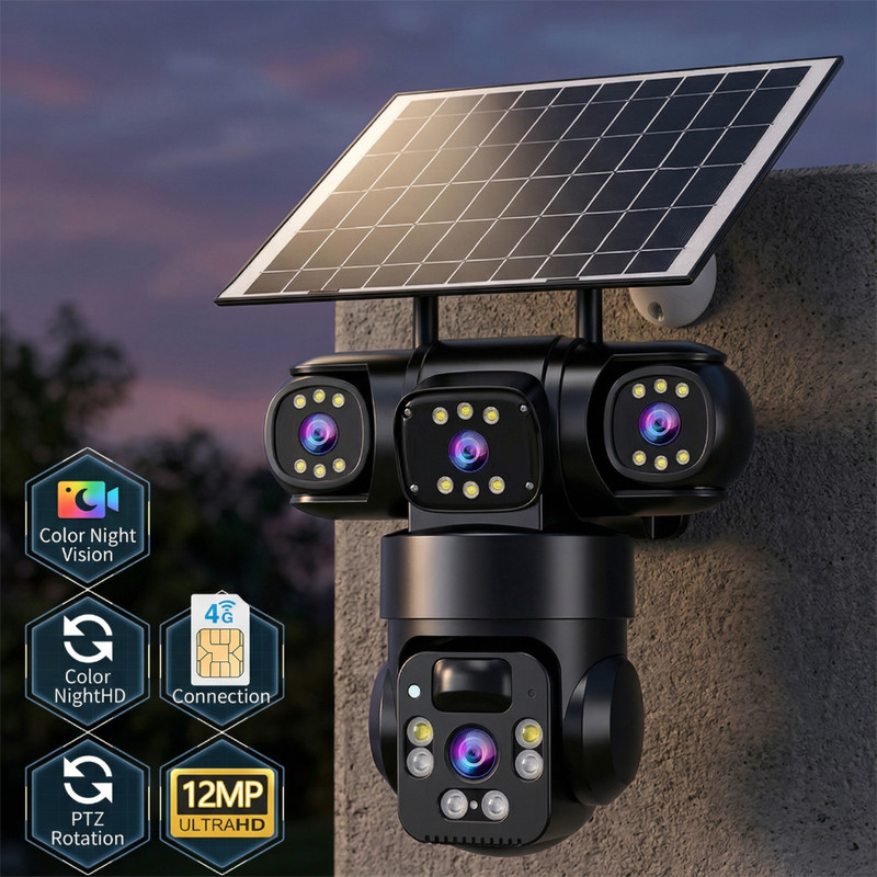 12MP 3 Lens Solar Camera Outdoor Wireless WiFi CCTV Security Camera 360° Pan