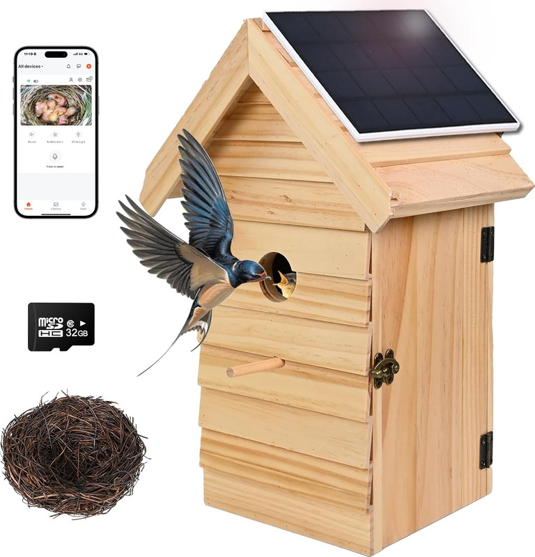 Smart Bird House with Camera, 2.4G WiFi & App Alerts, 160° Wide Normal Natural