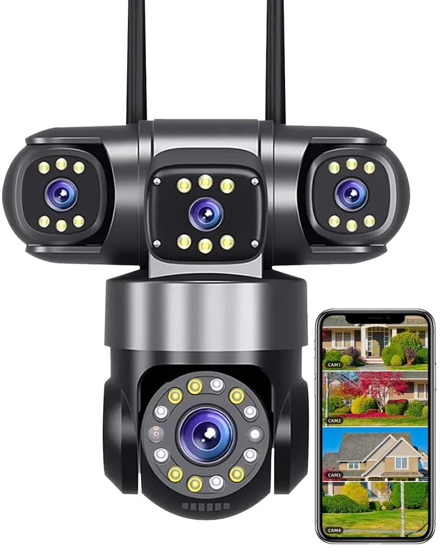 4-Lens Wireless Security Camera Outdoor, 2K HD Image PTZ 360° Surveillance, C…