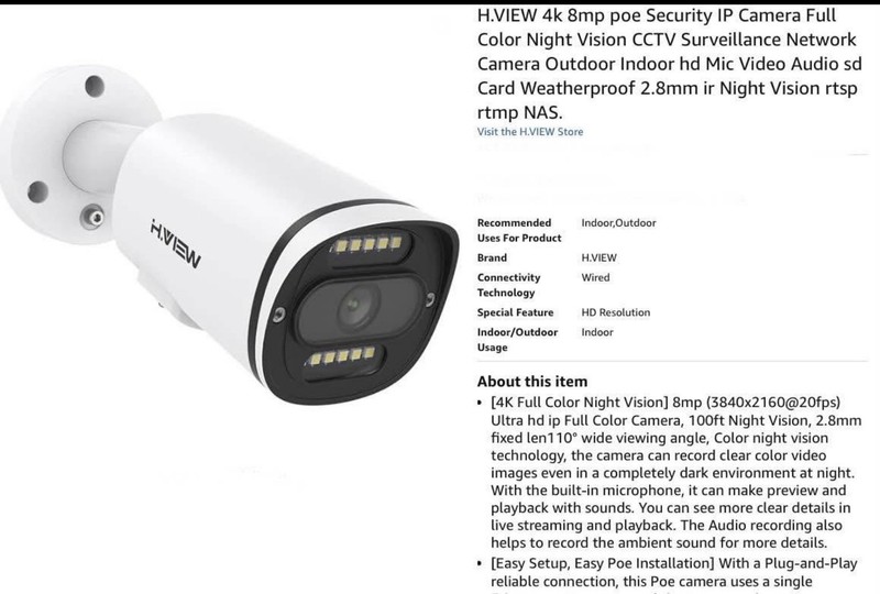 H.View Color 100 Feet Night Vision 8MP 4K POE IP Security Camera Microphone New gallery