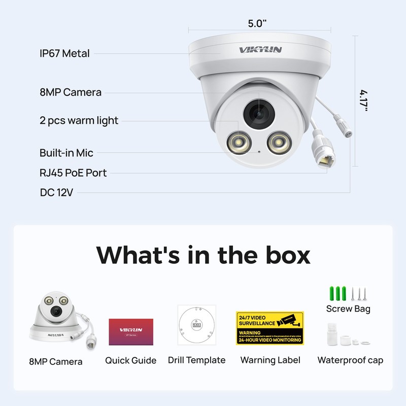 VIKYLIN 8MP 24h Full Color Night Vision Turret IP Camera MIC POE IP67 Wholesale gallery