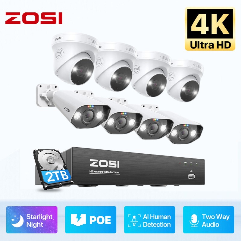 ZOSI 8CH 4K NVR 8MP PoE Security Camera System 2TB 24/7 Audio Record AI Motion gallery