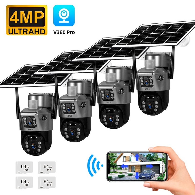 2/4PCS Solar Security Camera PTZ 4MP 2K WIFI CCTV Video Surveillance 64G SD Card