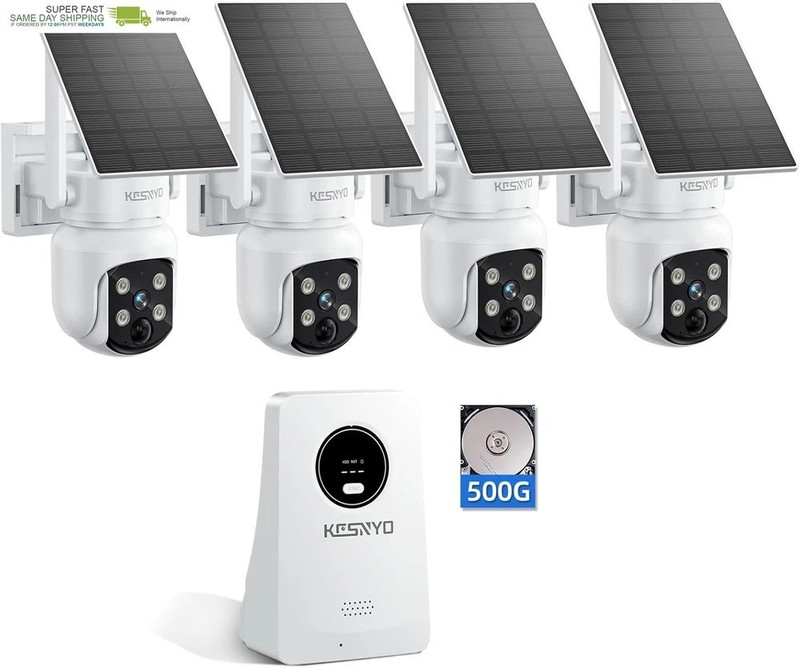 4MP Solar Powered, 4 Cam Kit, Color Night Vision, 360° PTZ, 500G HDD Local Reco