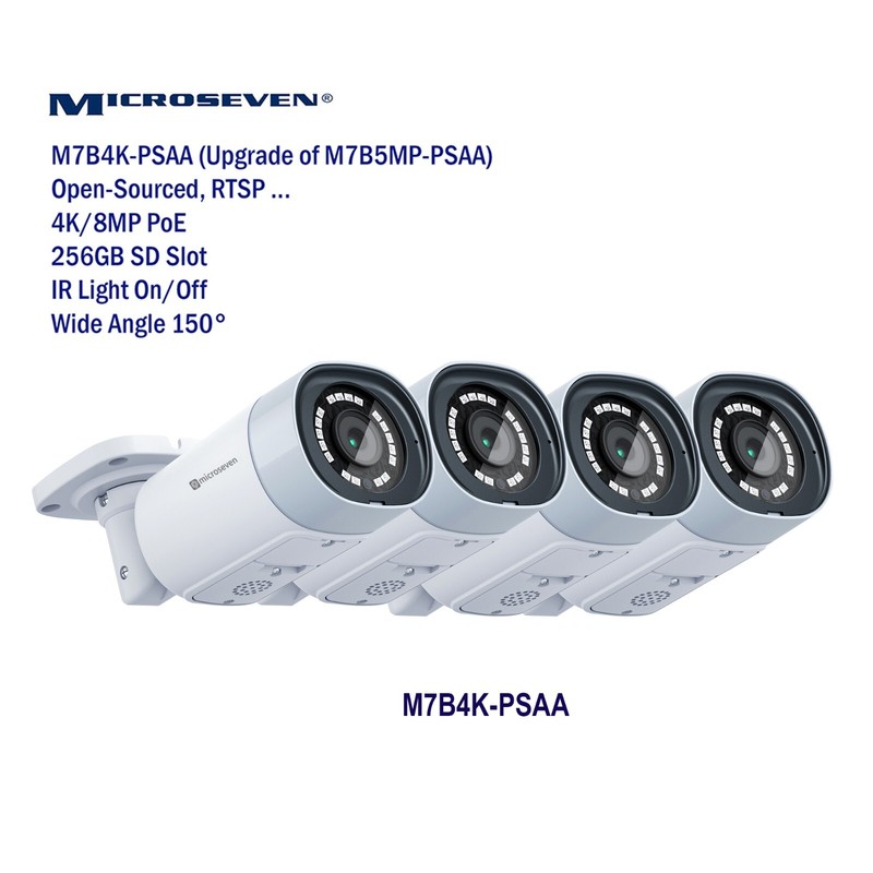 4 Microseven 8MP HD 3840×2160 [PoE] IP Camera 2 Two-Way Audio SD Slot Alexa 150°