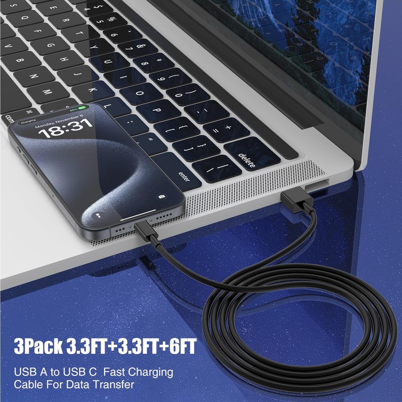 3-Pack Black [3.3FT+3.3FT+6FT] USB A to USB C Cable，USB to USB C Car Carplay ... gallery