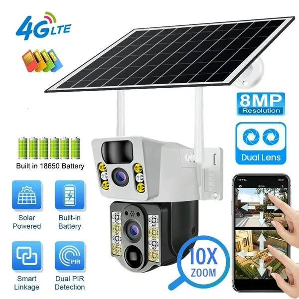 Dual Solar Camera with Sim 4g 8Mpx 4k Zoom 10x