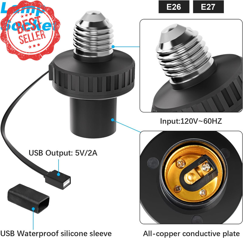 2 Pack Lamp Socket USB Power Adapter for Wyze Cam V3 V4 Pan E26 5V 2A Black gallery