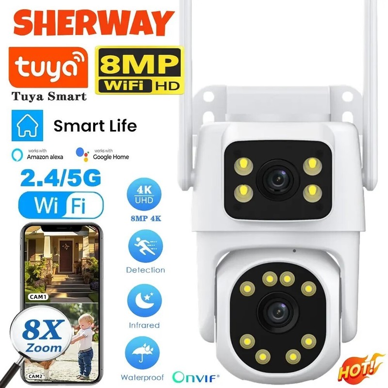 Tuya 5G WiFi Outdoor Dual Screen 4K 8MP Color Night Vision PTZ Security Camera