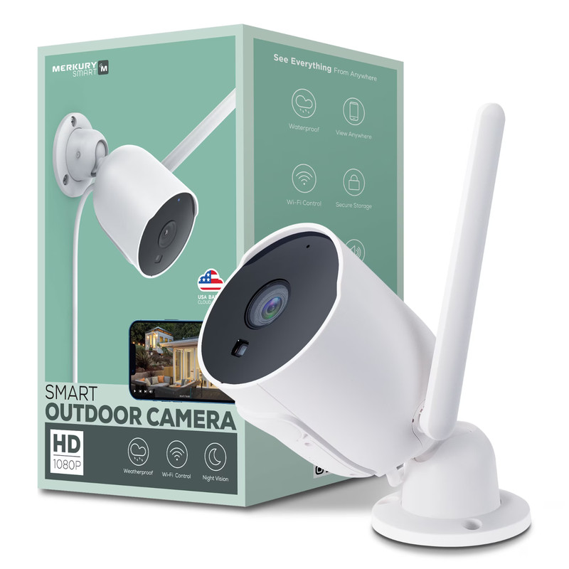 Merkury Smart Outdoor Security Camera 1080p, Night Vision, MI-CW055-199W, White