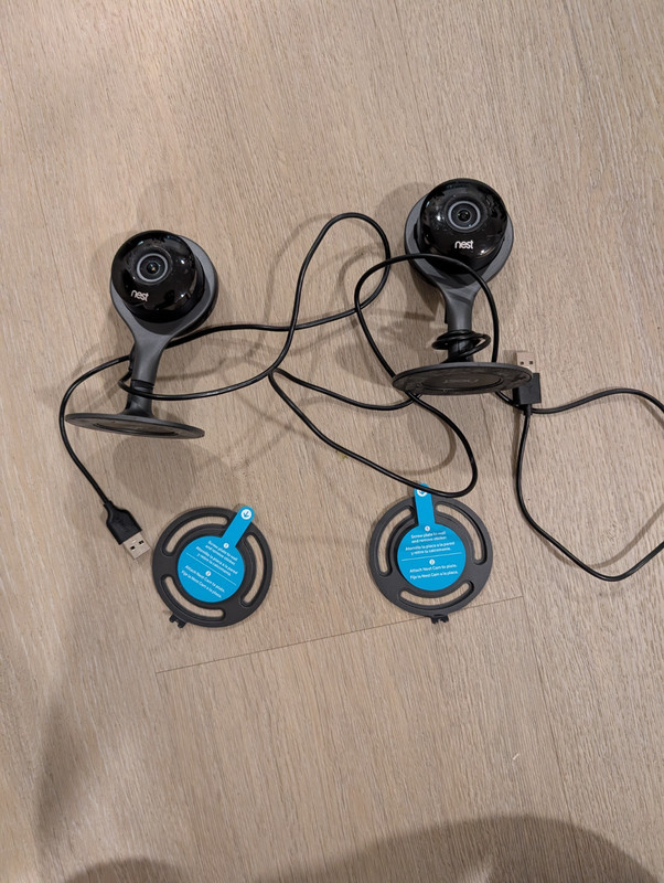 2 Google Nest Cam Indoor Cameras (Older Generation) – Working, OEM Accessories