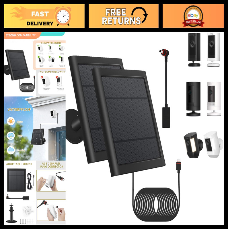 2 Pack Solar Panel for Ring Security Camera – Waterproof, Dustproof, 10FT Cable