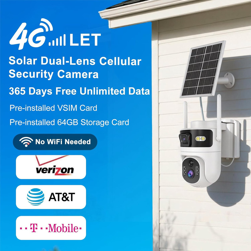 4G LTE Cellular Security Dual Lens Cameras Outdoor, Wireless Solar Security Came gallery