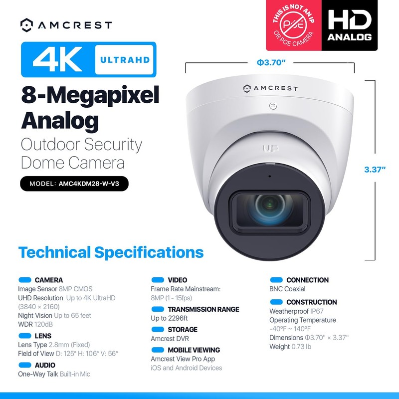 Analog 4K Outdoor , Turret 8MP @15fps CCTV-Coax-BNC, 65ft Night Vision, 125° ... gallery
