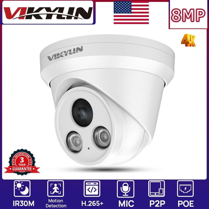 Vikylin Turret IR30M Monitor 8MP 4K POE Camera MIC Onvif Human/Vehicle Detection