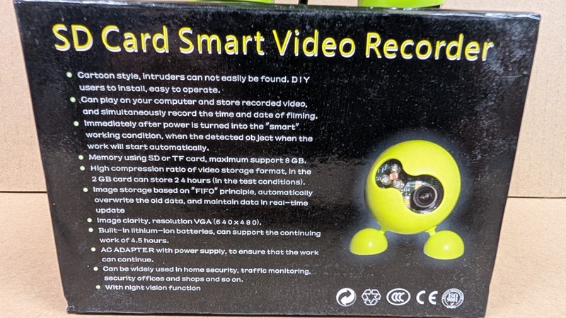 Toy Motion Detector Security Camera-Uses SD Card-Internal Battery-Night Vision