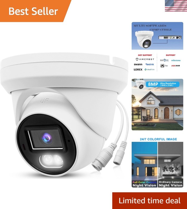 8MP Waterproof PoE Security Camera with 65ft Night Vision & Metal Dome Housing