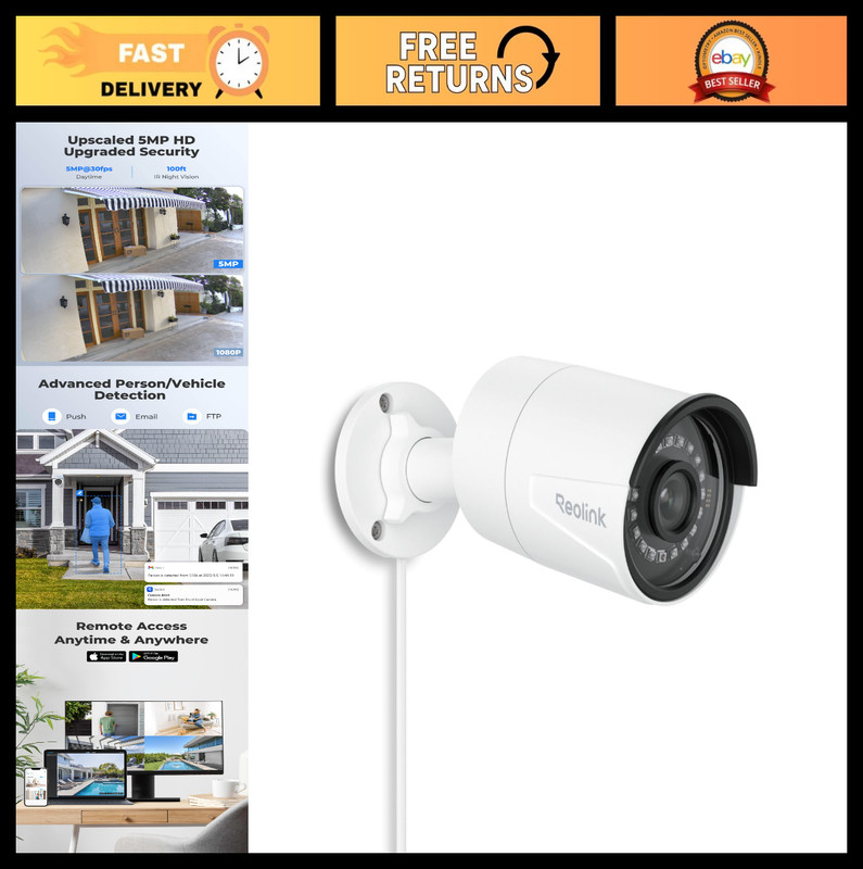 5MP PoE IP Security Camera – Person/Vehicle/Pet Detection, 100ft Night Vision, T