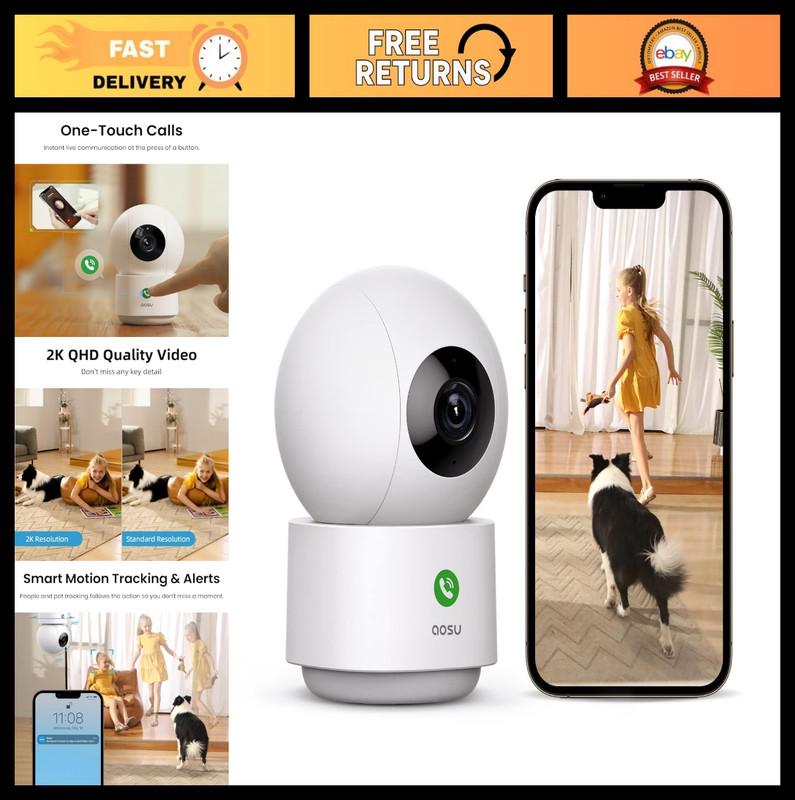 2K Indoor Security Camera – 360° Baby Monitor & Pet Cam, Wi-Fi, Night Vision, Mo