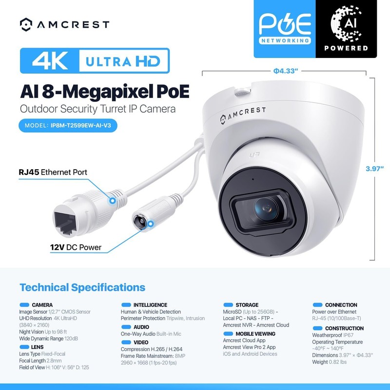 Amcrest 4K Ultra HD 8MP PoE Dome Security Camera Night Vision Weatherproof gallery