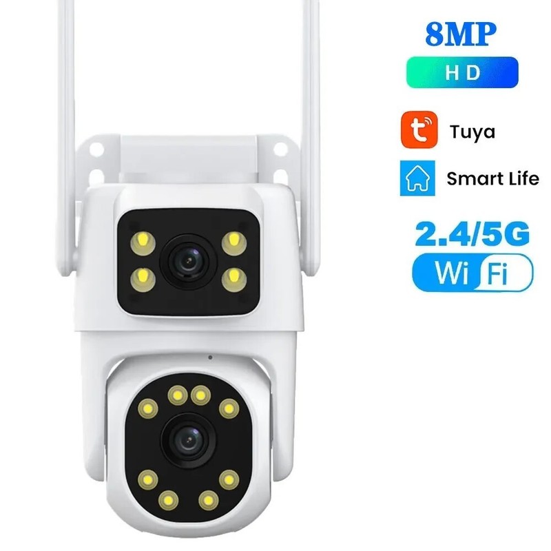 Tuya 5G WiFi Outdoor Dual Screen 4K 8MP Color Night Vision PTZ Security Camera