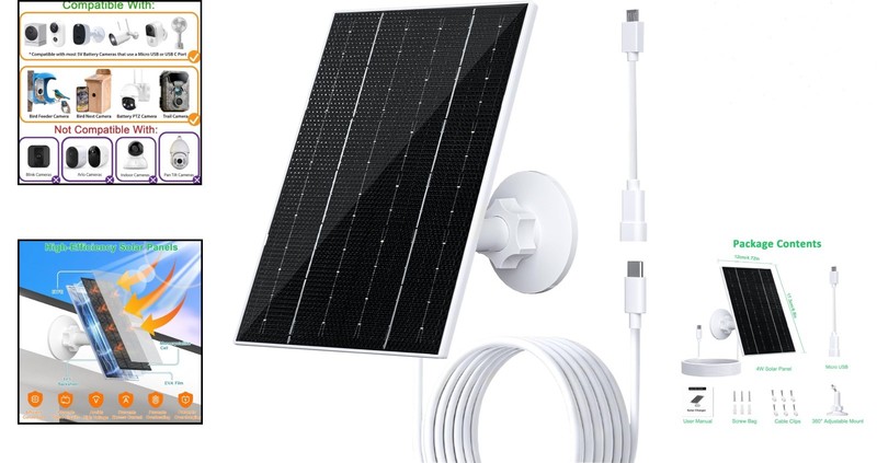4W Solar Panel for Security Cameras Waterproof USB-C/Micro Charger 360° Bracket gallery