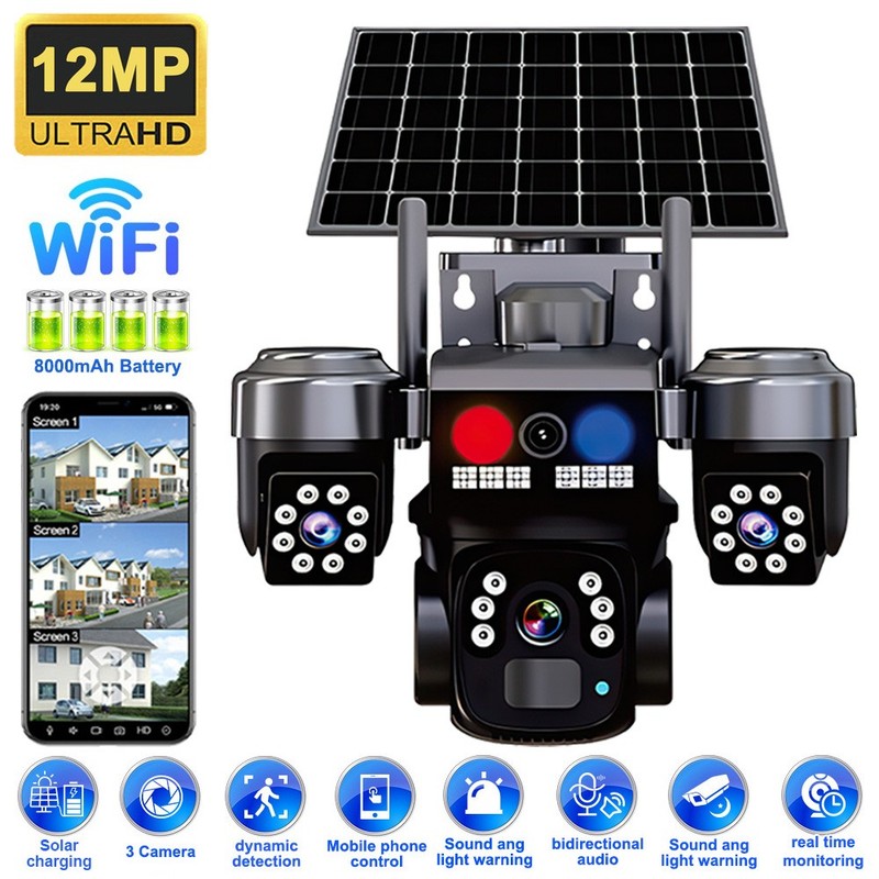 3 Lens 12MP Solar Battery Home Security Camera Outdoor Wifi Wireless PTZ CCTV US