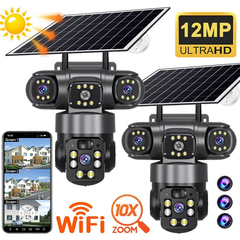 3 Lens Solar Camera 12MP Battery Home Security Outdoor Wifi Night Vision Camera