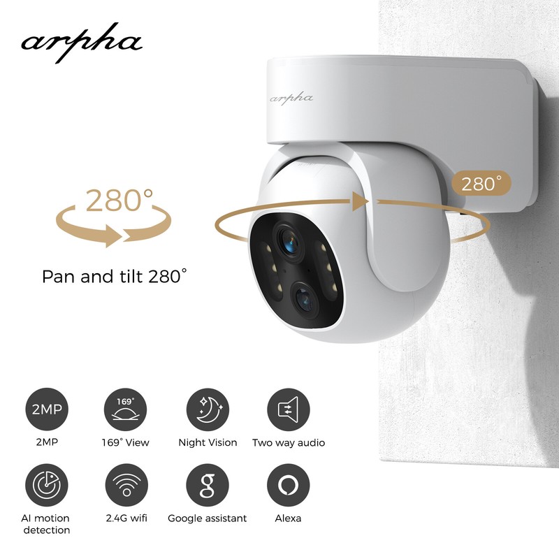 ARPHA 2MP Wireless Security Camera Night Vision Pan and Tilt Voice Control IP65