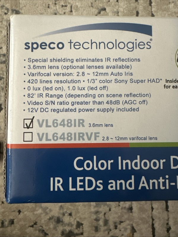 NOS (New Old Stock) SPECO Indoor IR Color Dome Camera w/3.6mm Lens VL648IR gallery