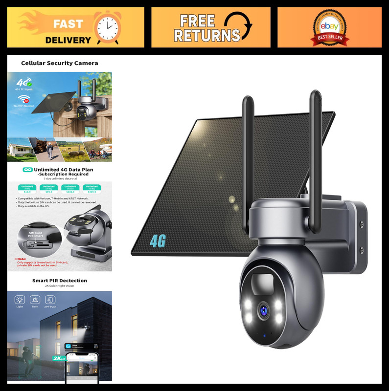 4G LTE Solar Powered Security Camera, 2K Outdoor, No WiFi, Color Night Vision, P