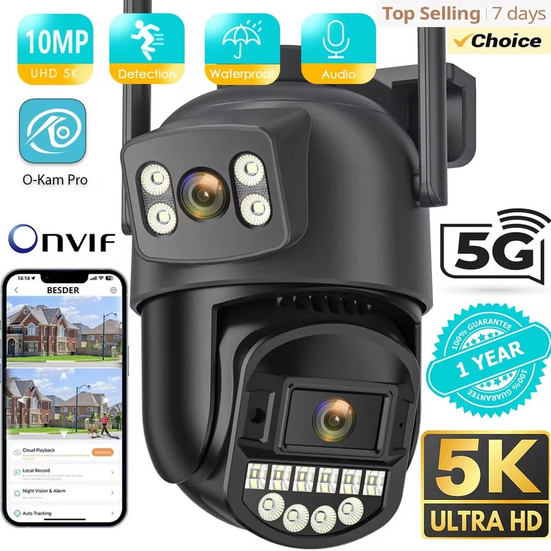 WiFi Camera 5K 10MP Dual Lens AI Human Detection Outdoor Security PTZ 10MP CCTV