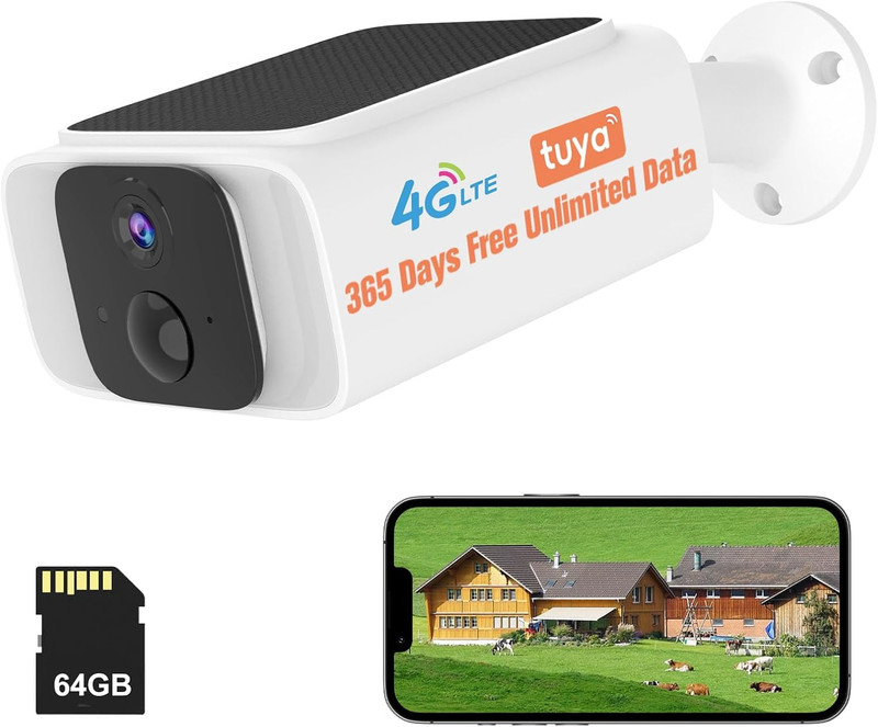 Solar 4G LTE Security Camera, 2K Night Vision, Unlimited Data, 64GB SD Card