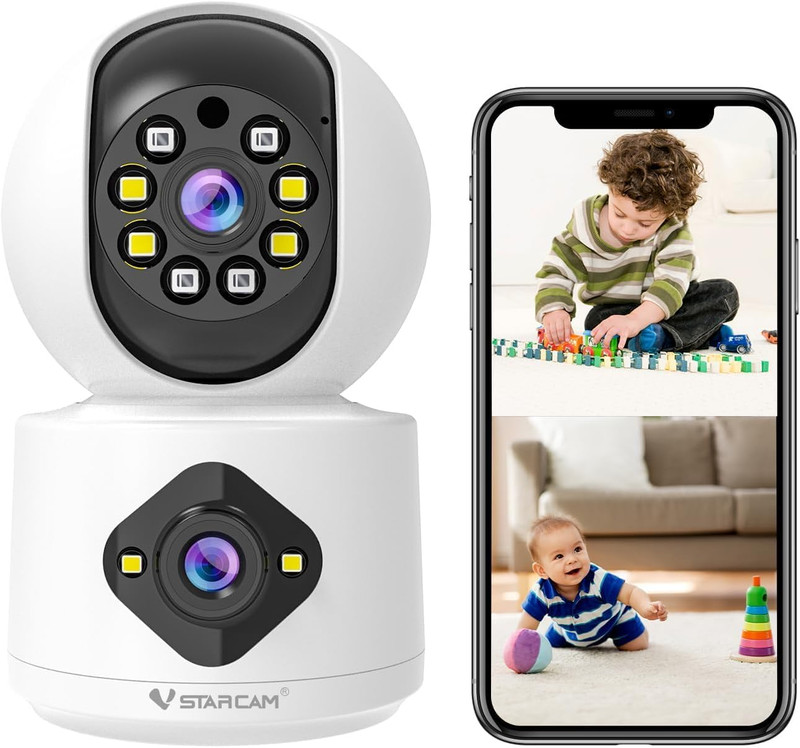 Indoor Security Camera, 2K Dual Lens Wifi Camera with Two Live Views, 360° Pan &
