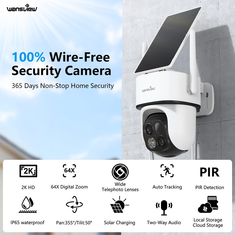 4Pack Wansview Dual Cam 2K Solar Security Camera WiFi Wireless Outdoor 360° PTZ gallery